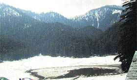 The hill resort at Khajjiar in Chamba district covered under snow.