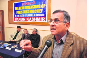 Prof Hari Om delivers a lecture during a seminar organised by Panun Kashmir in Jammu on Saturday
