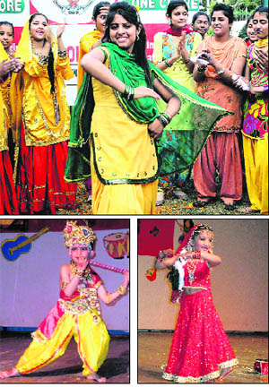 (Top) Students of St Soldier Divine Public School present a cultural programme during a function; and students of APJ School dance during an event in Jalandhar.