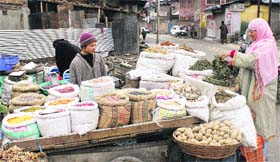 A roadside vendor sells vegetables and pulses in downtown Srinagar after lifting of the curfew on Saturday