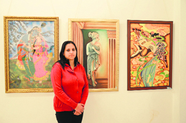 Shefali Sehra with her artworks at Gallery Artmosphere in Ludhiana.