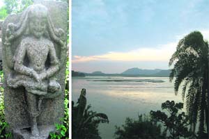 Bamunipahar hills, also called Ushapahar, display beautifully carved stone sculptures belonging to 11th and 12th century; and (right) a view of the Brahmaputra