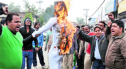 Members of the Bharatiya Janata Yuva Morcha burn an effigy of the Prime Minister during a protest against petrol price hike in Amritsar on Sunday