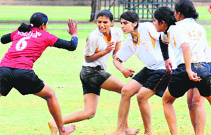 Players in action during a kabaddi match at Panjab University in Chandigarh on Sunday.