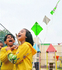 The Gurukul students enjoy kite flying on the occasion of Basant Panchami at the school