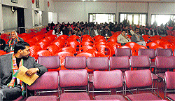 A view of the near-empty hall after a number of workers left the meeting after being snubbed by BJP leader Ram Lal for raising pro-Modi slogans