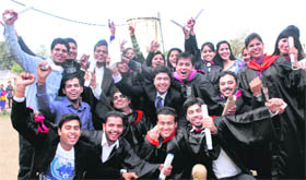 Students of DAV College in a jubilant mood after receiving their degrees at the annual convocation function held at DAV College in Jalandhar on Sunday.