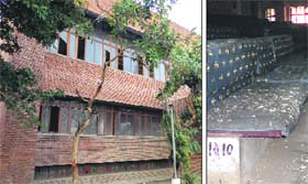 (Left) A view of the Ambedkar Bhawan in Ropar. (Right) The auditorium seats spoiled by bird droppings