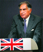 Ratan Tata, former chairman of Tata Group, speaks at a business seminar attended by Indian industrialists and a huge business delegation accompanying British Prime Minister David Cameron in Mumbai on Monday.