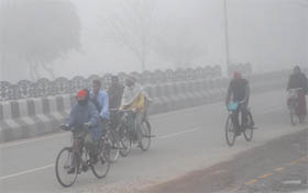 Workers cycle their way through dense fog which had enveloped Bathinda and adjoining areas early on Monday morning.