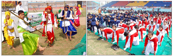 (Left) Students dance and perform Surya Namaskar (right) at a programme held at the sports stadium on Monday. The function was part of an event held to mark the 150th birth anniversary celebrations of Swami Vivekananda.