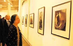 Artist Anjolie Ela Manon at a photo exhibition at the Government Museum and Art Gallery, Sector 10, in Chandigarh on Monday