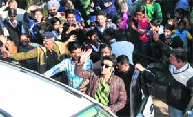 Ranbir Kapoor waves to his fans in Sector 56, Chandigarh, on Monday