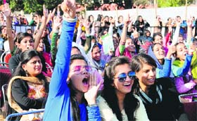 Girls at a cultural function, Virasat at SD College, Sector 32, in Chandigarh on Monday