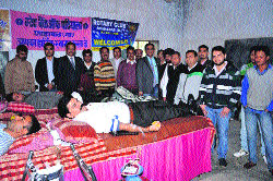 Voluntaries donate blood at a blood donation camp on the premises of Government Senior Secondary School, Nalvi, recently.