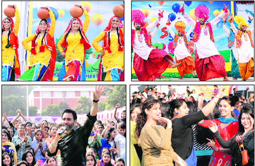 (Top) Students of various colleges perform during two-day inter-college festival Synergy-2013, organised at Lyallpur Khalsa College; and Punjabi singer Sarabjit Cheema perform at KMV during annual fete Basant Bonanza, held on the college campus and students enjoy his performance in Jalandhar on Monday. Tribune photos: Malkiat Singh