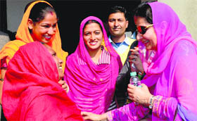 Union Minister Preneet Kaur in Moga on Monday.