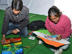 Participants engrossed in making paintings at the competition held at the Central University of Punjab. Photo: Bhupinder Dhillon