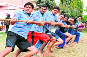 A tug of war under way during the ongoing sports event at Shri Bhagwan Das Adarsh Sanskrit Vishwavidyalaya in Haridwar on Tuesday.