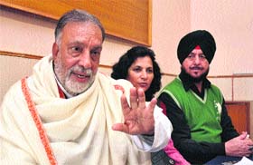 NPP leader Bhim Singh addresses mediapersons in Jammu