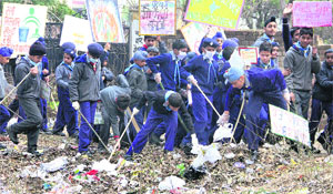 Children of Ordnance Army Pre-Primary School and KV Suranussi School participate in an anti-polythene campaign in Jalandhar on Tuesday.