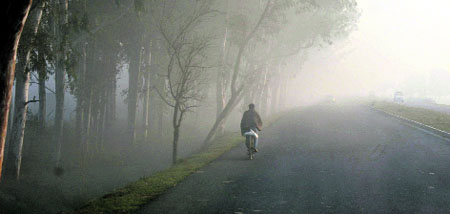 A cyclist pedals his way through the morning fog on the outskirts of Jammu city on Tuesday. 