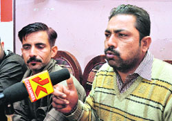 Members of the J&K Agricultural Technocrats Association address mediapersons in Jammu on Tuesday. 