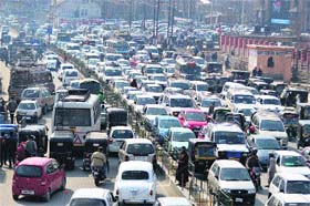 Rush hour: A view of heavy traffic in Srinagar on Tuesday