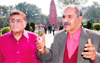 Bhushan Behal (right) and Tek Chand, descendents of Jallianwala Bagh martyrs in Amritsar on Tuesday. 