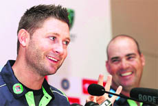 Michael Clarke and Mickey Arthur in Chennai on Tuesday.
