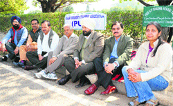 Members of the Panjab University Teachers Association during a strike on Wednesday.  Tribune Photo: Parvesh Chauhan