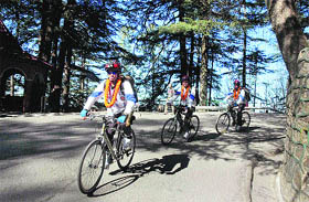 Students take part in the Save Water-Save Earth Cycle Rally in Shimla  on Wednesday.