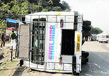 The bus carrying pilgrims that overturned in Reasi on Wednesday