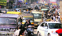 A traffic jam on the old GT Road during a demonstration of bank employees in Jalandhar on Wednesday