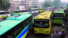 Since the PRTC employees were observing strike, private buses had to be parked outside the bus stand in Bathinda on Thursday.