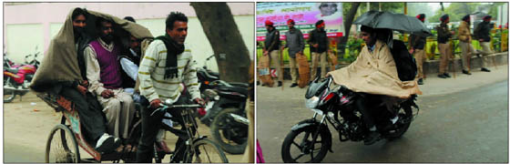 (Left) Men cover themselves with a shawl to protect themselves from the rain in Bathinda on Thursday; youths on a bike use an umbrella lest they should get drenched.