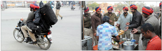 (Left) Two policemen leave after duty with their luggage in Bathinda on Thursday. The pressure on the administration eased after it was learnt that the chief of Dera Sacha Sauda Gurmeet Ram Rahim Singh had been granted exemption from personal appearance by a local court. The hearing in the case is scheduled for Friday; Meanwhile, cops who were on duty (Right) line up before a vendor dishing out burgers to quell their hunger pangs.