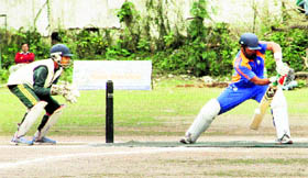 A batsman during a match in the 5th All-India Shaheed Girish Bhadri Memorial Cricket Tournament played at Rangers' College Ground in Dehradun on Thursday.