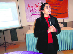 Dr Preeti Jindal, a senior consultant at a hospital, speaks at a special session at Yamunanagar. A Tribune photograph 