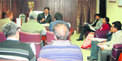 Caption: Deputy Commissioner Saket Kumar reviews work on the projects announced by the Chief Minister in Fatehabad. A Tribune photograph 