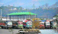 Trucks parked inside the trans-LoC trade centre in Poonch. A Tribune photograph