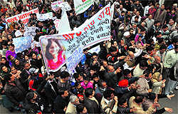 Protesters first took out a massive protest rally and then staged a dharna outside the Delhi Public School in Jammu on Thursday