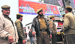 Security personnel deployed outside Jammu Airport during the visit of Vishwa Hindu Parishad leader Praveen Togadia in Jammu on Thursday