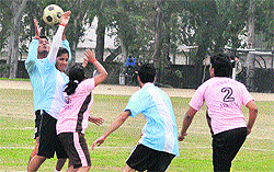 Players in action during the All-India Inter-University Korfball Championship at the University of Jammu on Thursday
