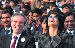 German Ambassador to India Michael Steiner shares a light moment with actress Gul Panag during the official closing of German year in India and start of new campaign GERmany at India Gate in New Delhi on Thursday.  PTI