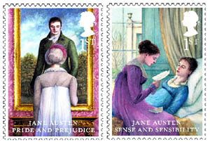Royal Mail postage stamps commemorating the 200th anniversary of the publication of Jane Austen's novels, depicting key scenes from 'Pride And Prejudice' (L) and 'Sense and Sensibility' (R) in a reproduction released in London on Friday.