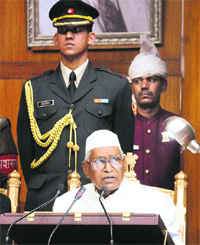 Governor Jagannath Pahadia addresses the Haryana Assembly on the opening day of the budget session in Chandigarh on Friday. 