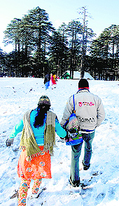 Tourists at snow-covered locales of Patnitop