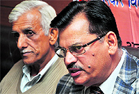 FC Bhagat, president of All J&K Shri Sad Guru Kabir Sabha addresses mediapersons in Jammu on Friday
