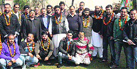 Newly -joined youths with the leaders of Jammu and Kashmir Democratic Liberation Front (JKDLF) in Jammu on Friday